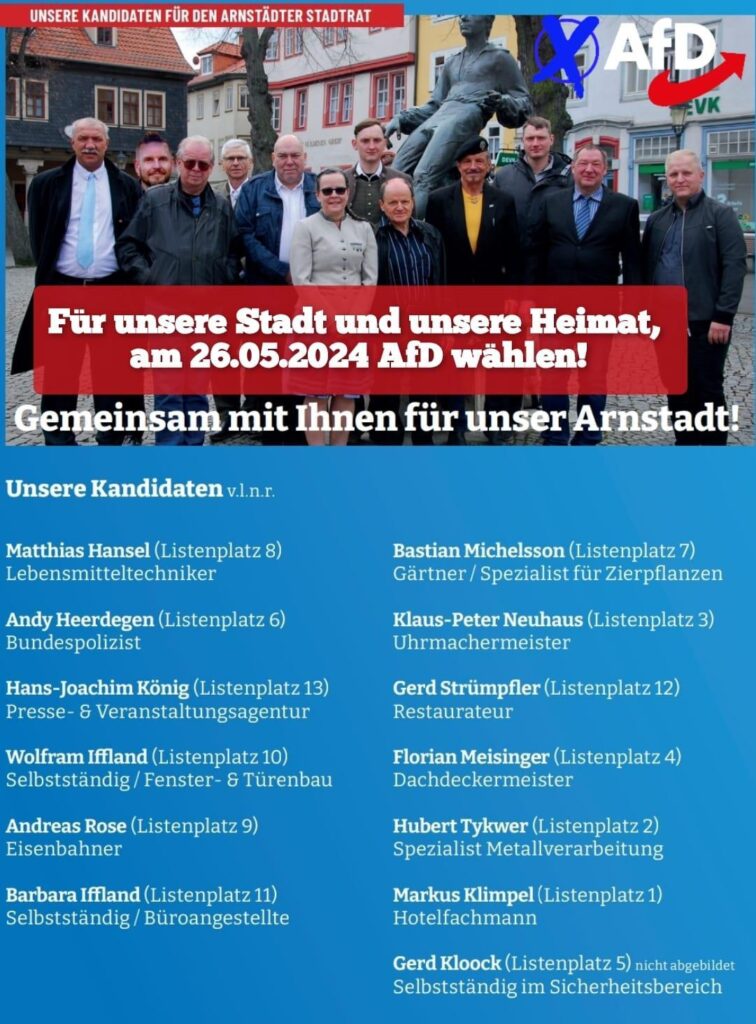  Wolfram (4.v.l.) und Barbara Iffland (6.v.l.) mit Bastian Michelsson (7.v.l.) auf der AfD-Stadtratsliste 2024